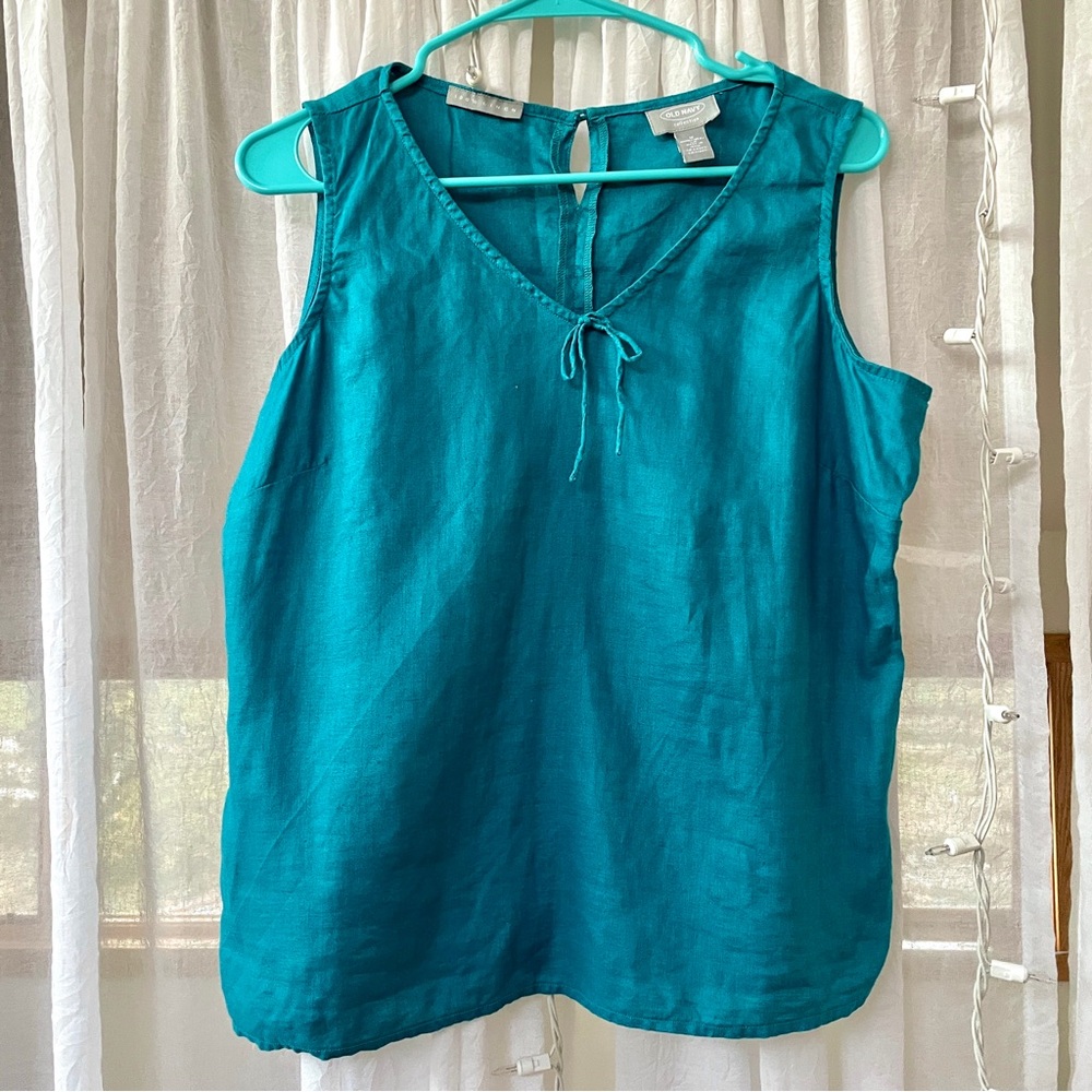 Vintage 100% Linen Teal V Neck Tank Top